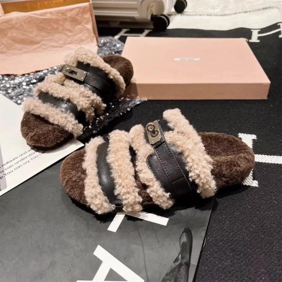 Fuzzy Buckle Accent Plush Slippers Black / 35 Apparel and Accessories