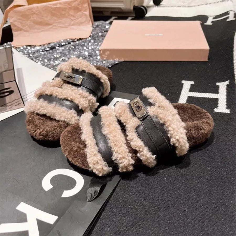 Fuzzy Buckle Accent Plush Slippers Black / 35 Apparel and Accessories