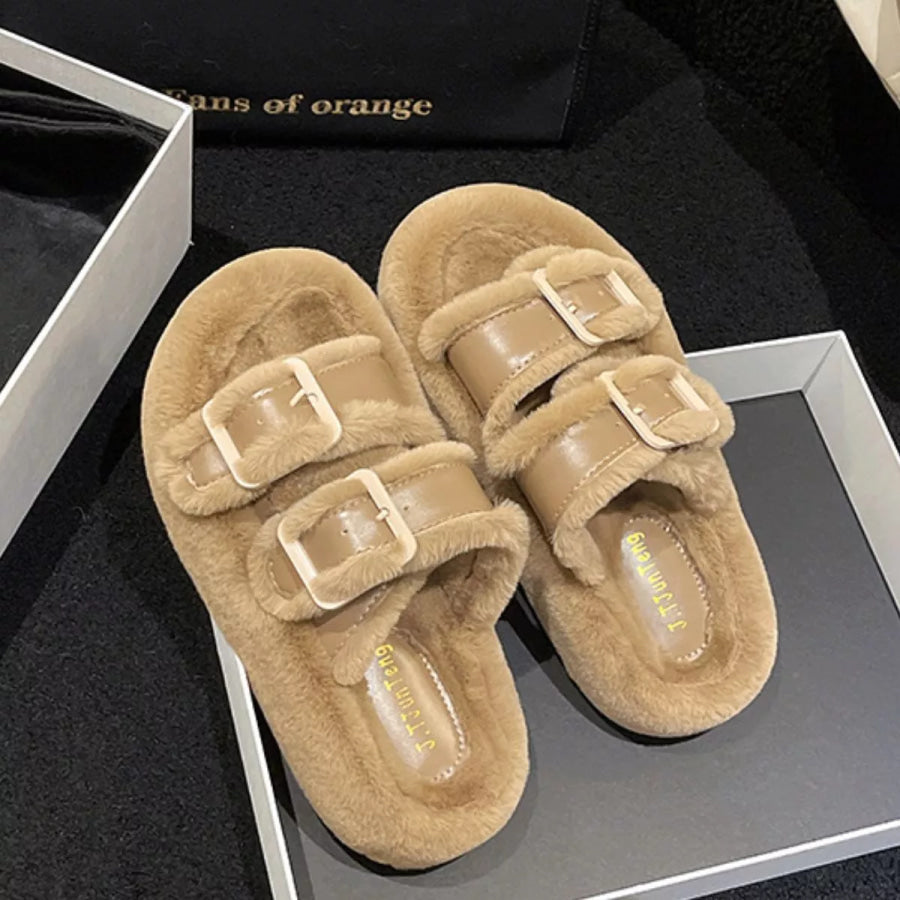 Fuzzy Buckle Detail Slippers Apparel and Accessories