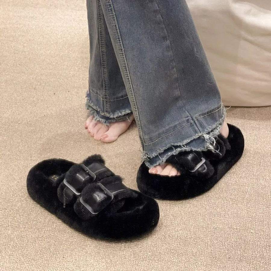 Fuzzy Buckle Detail Slippers Apparel and Accessories