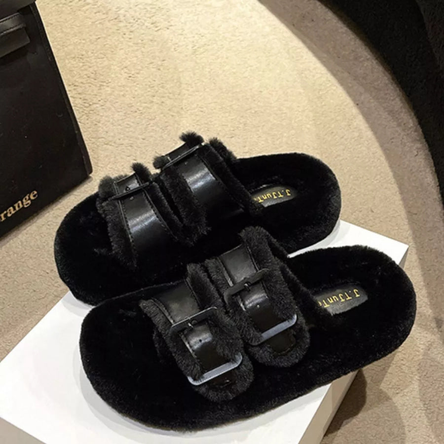 Fuzzy Buckle Detail Slippers Apparel and Accessories