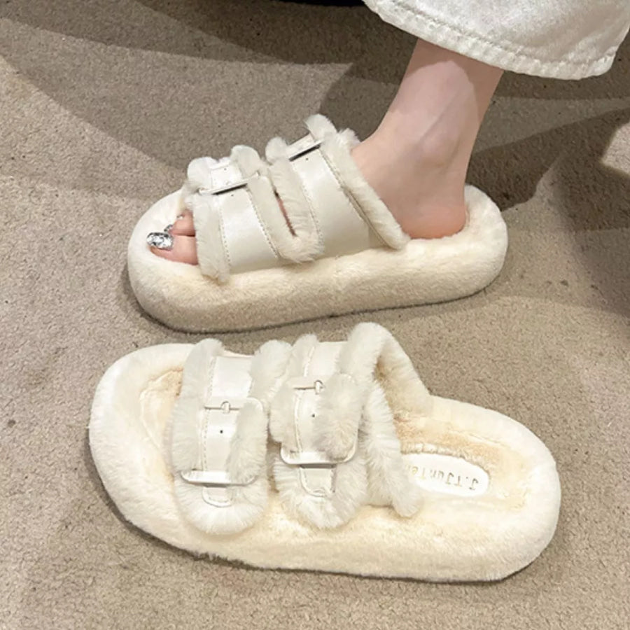 Fuzzy Buckle Detail Slippers Apparel and Accessories