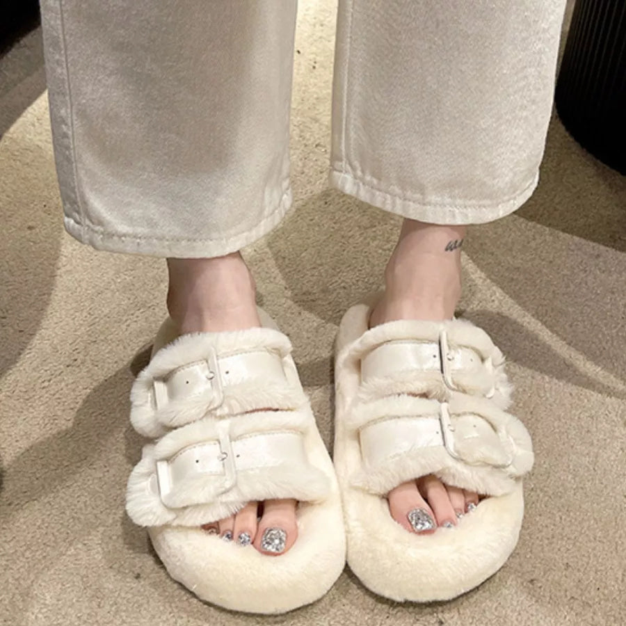 Fuzzy Buckle Detail Slippers Apparel and Accessories