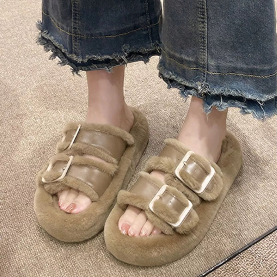 Fuzzy Buckle Detail Slippers Apparel and Accessories