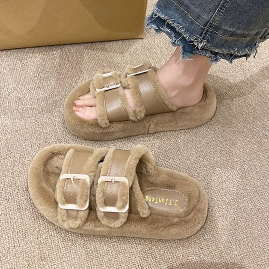 Fuzzy Buckle Detail Slippers Apparel and Accessories