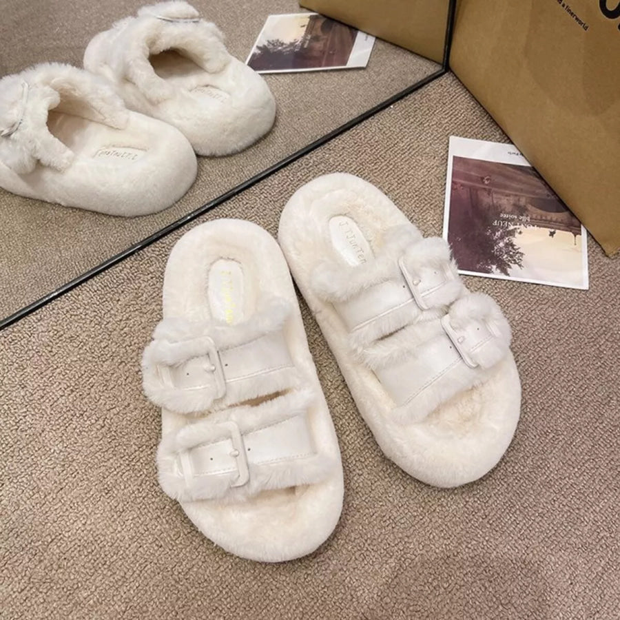 Fuzzy Buckle Detail Slippers Apparel and Accessories