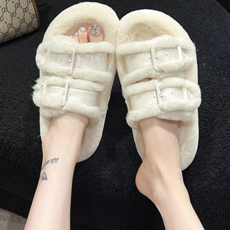 Fuzzy Buckle Detail Slippers Beige / 35 Apparel and Accessories