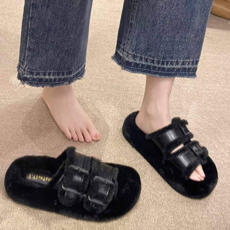 Fuzzy Buckle Detail Slippers Black / 35 Apparel and Accessories