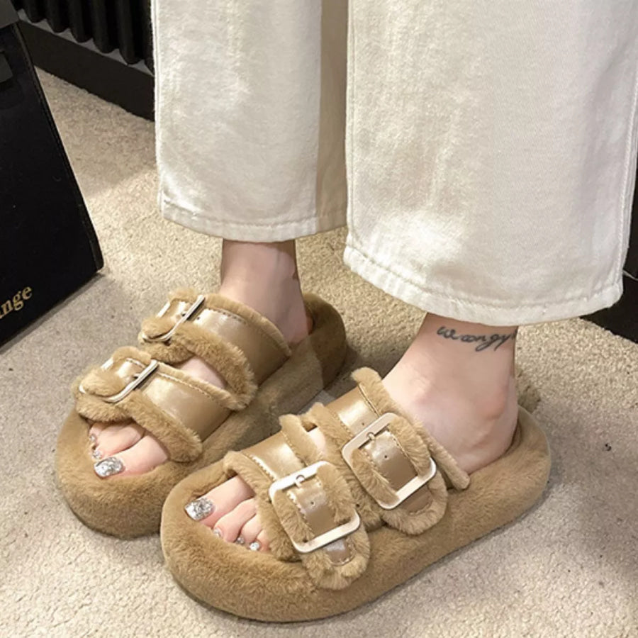 Fuzzy Buckle Detail Slippers Khaki / 35 Apparel and Accessories