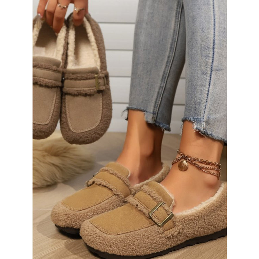 Fuzzy Buckle Flat Slip-Ons Apparel and Accessories