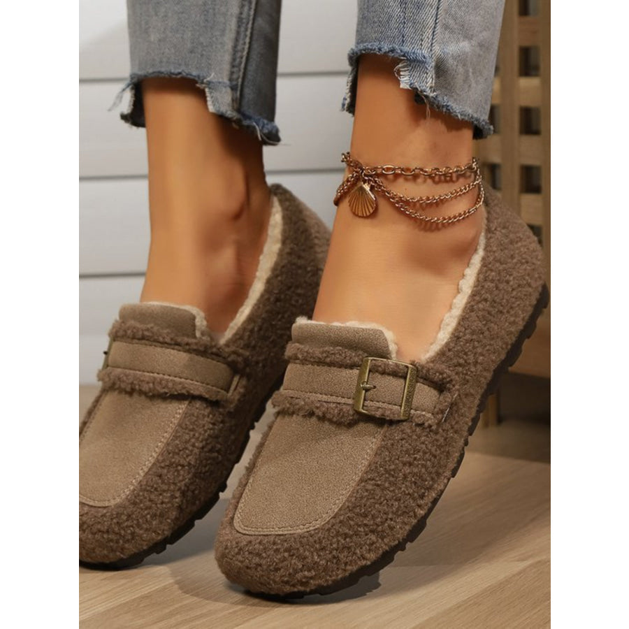 Fuzzy Buckle Flat Slip-Ons Coffee Brown / 36(US5) Apparel and Accessories