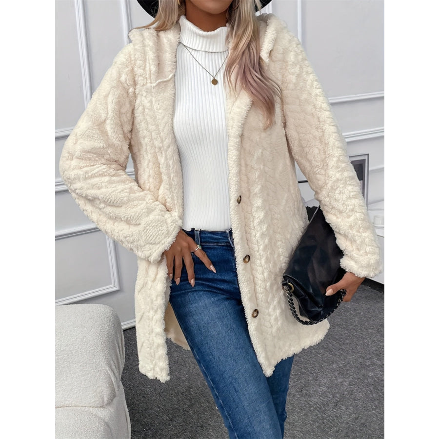 Fuzzy Button Down Hooded Coat Apparel and Accessories