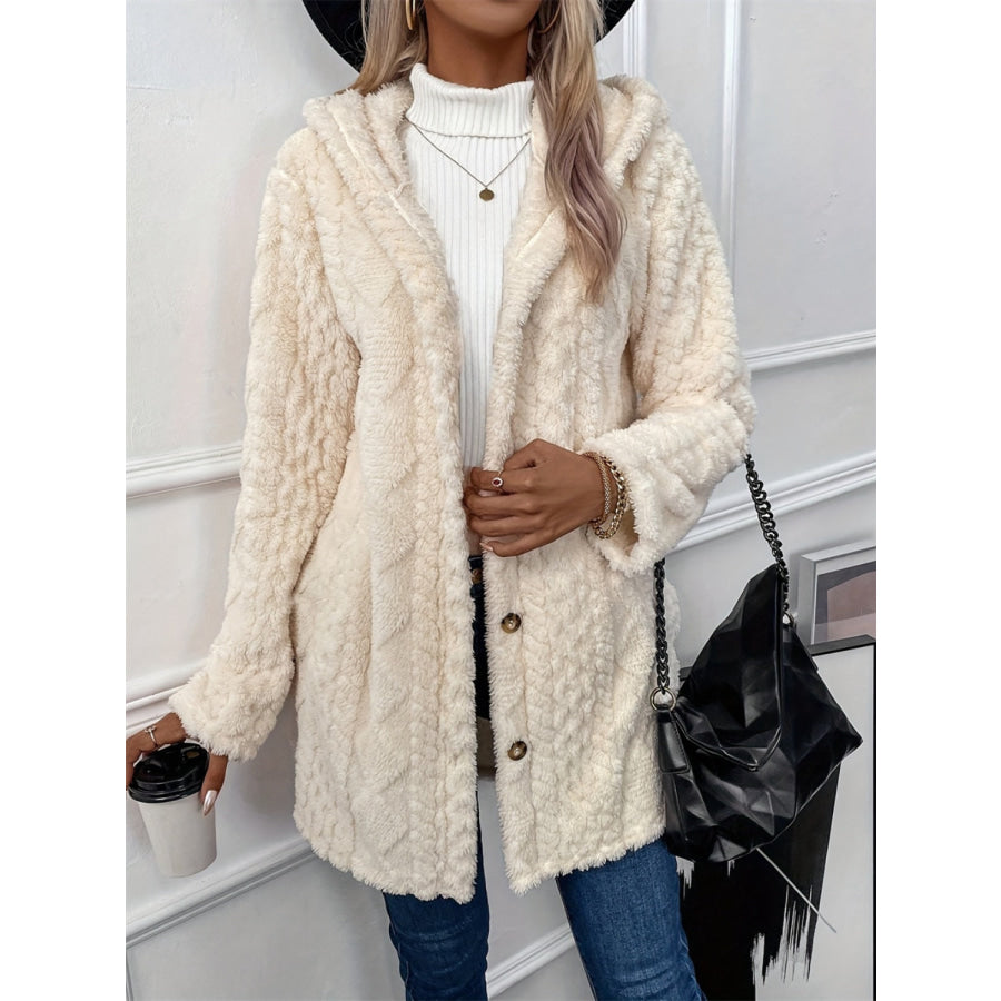 Fuzzy Button Down Hooded Coat Cream / S Apparel and Accessories