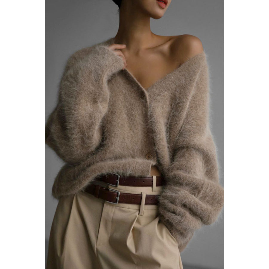 Fuzzy Button Down Long Sleeve Cardigan Apparel and Accessories
