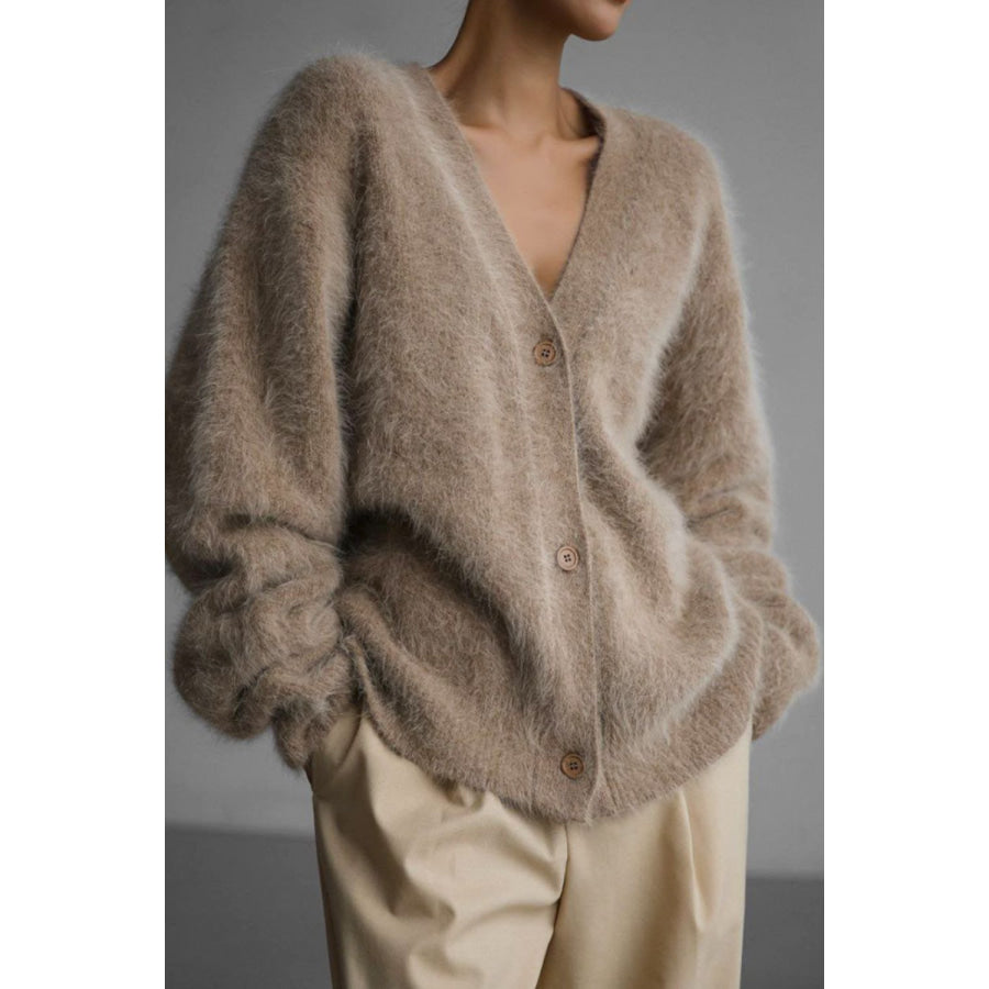Fuzzy Button Down Long Sleeve Cardigan Apparel and Accessories