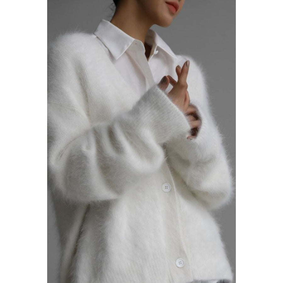 Fuzzy Button Down Long Sleeve Cardigan Apparel and Accessories