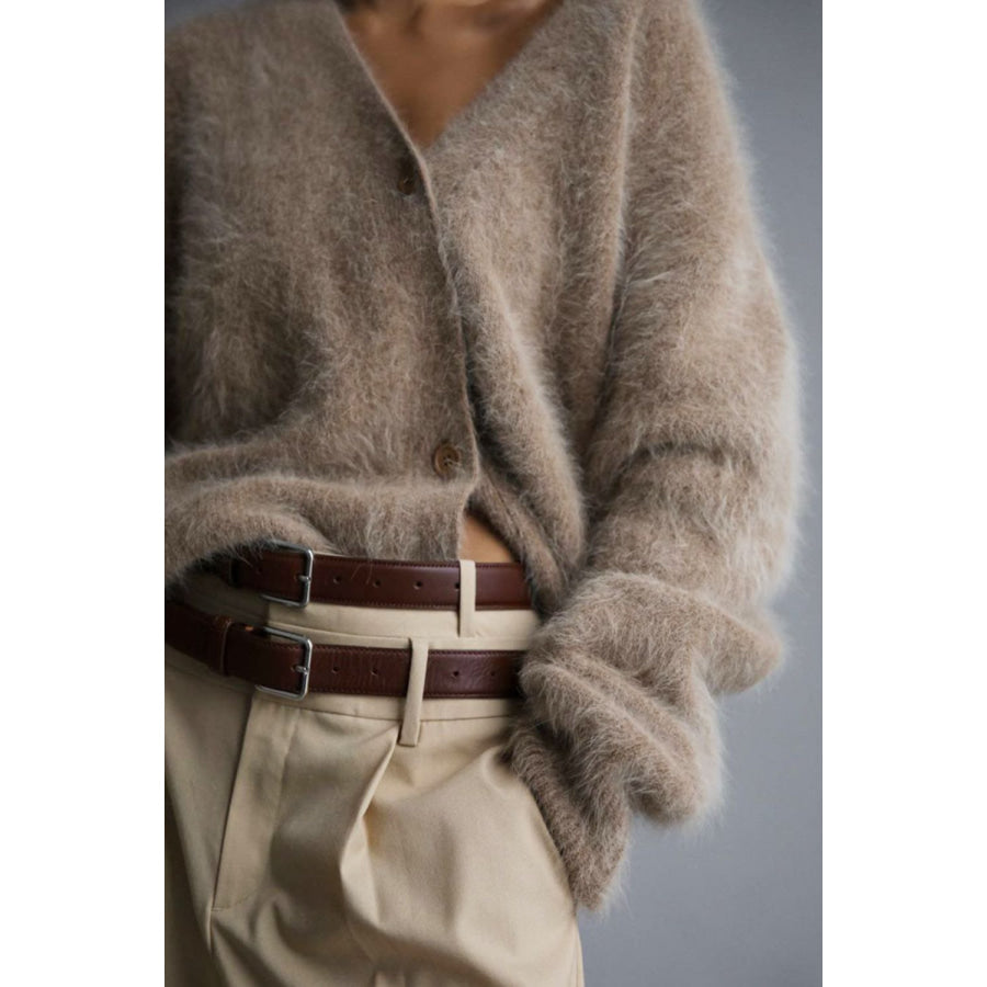 Fuzzy Button Down Long Sleeve Cardigan Apparel and Accessories