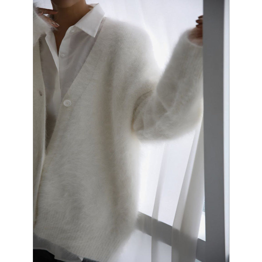 Fuzzy Button Down Long Sleeve Cardigan Apparel and Accessories