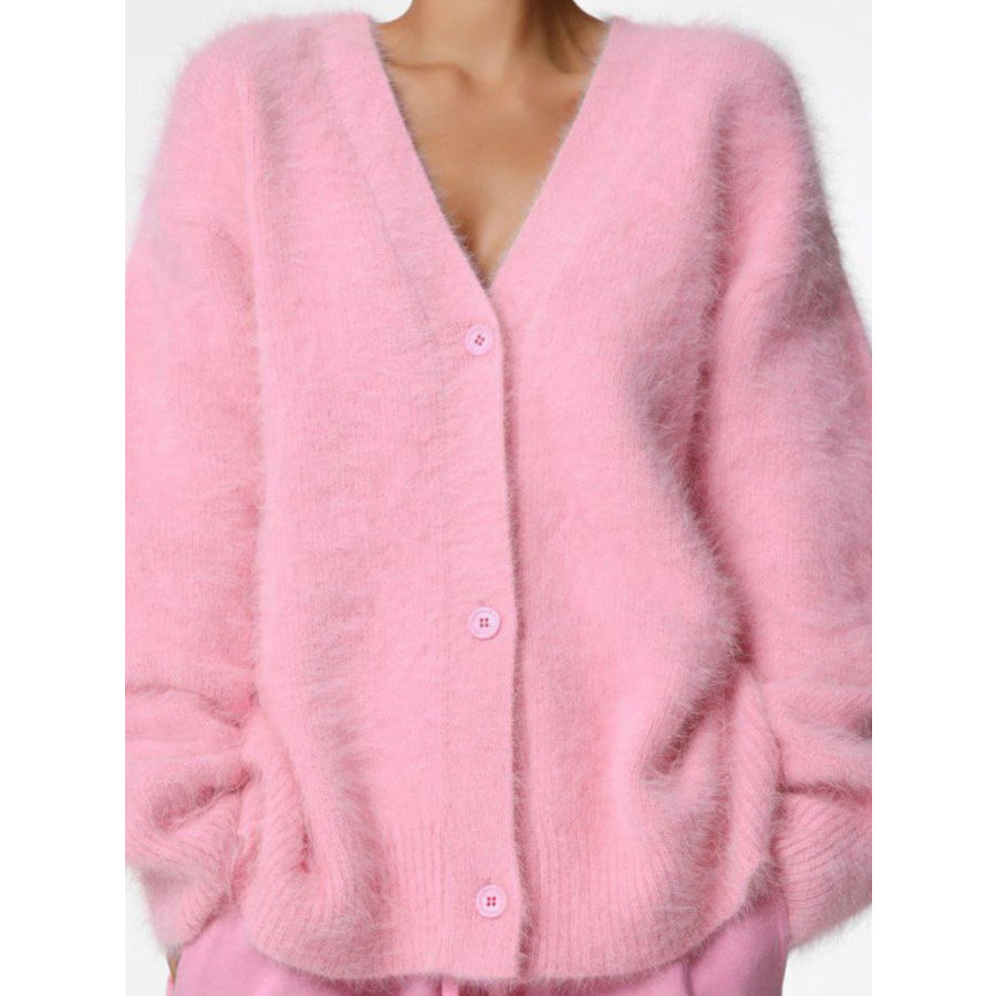 Fuzzy Button Down Long Sleeve Cardigan Blush Pink / S Apparel and Accessories
