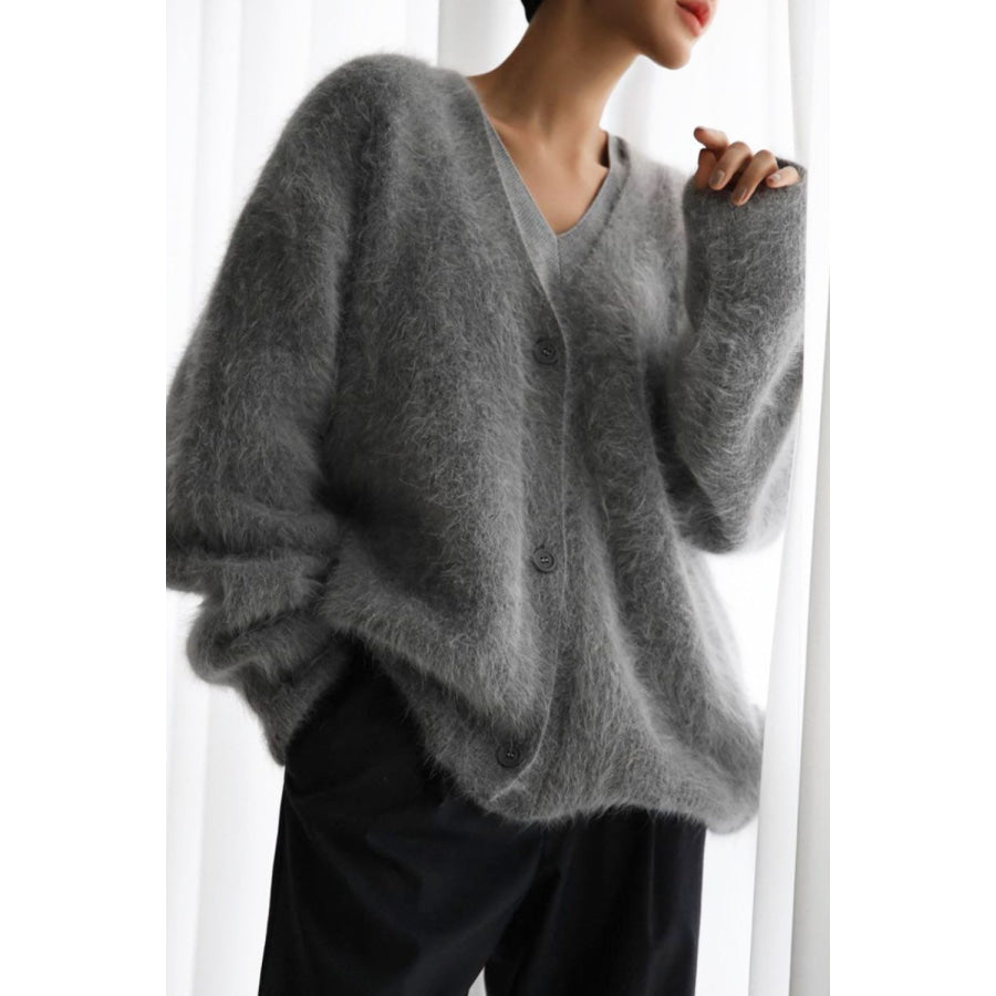 Fuzzy Button Down Long Sleeve Cardigan Dark Gray / S Apparel and Accessories