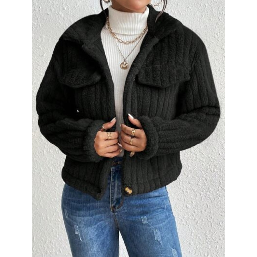 Fuzzy Button Up Collared Neck Jacket Black / XS Clothing