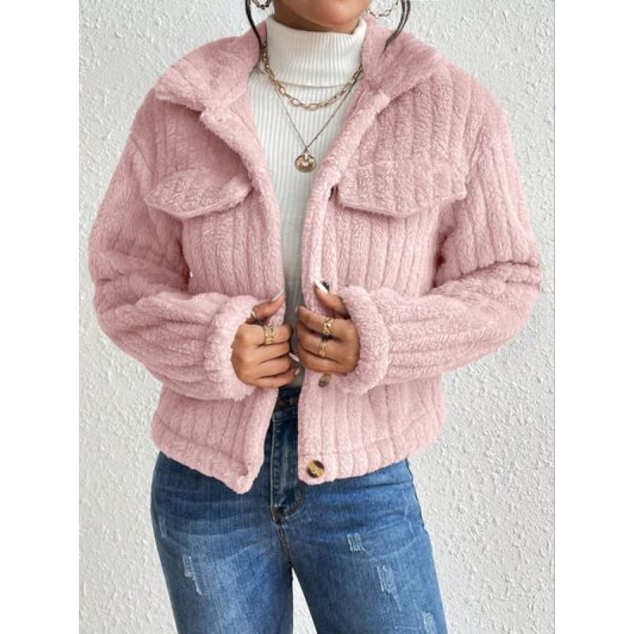 Fuzzy Button Up Collared Neck Jacket Blush Pink / XS Clothing