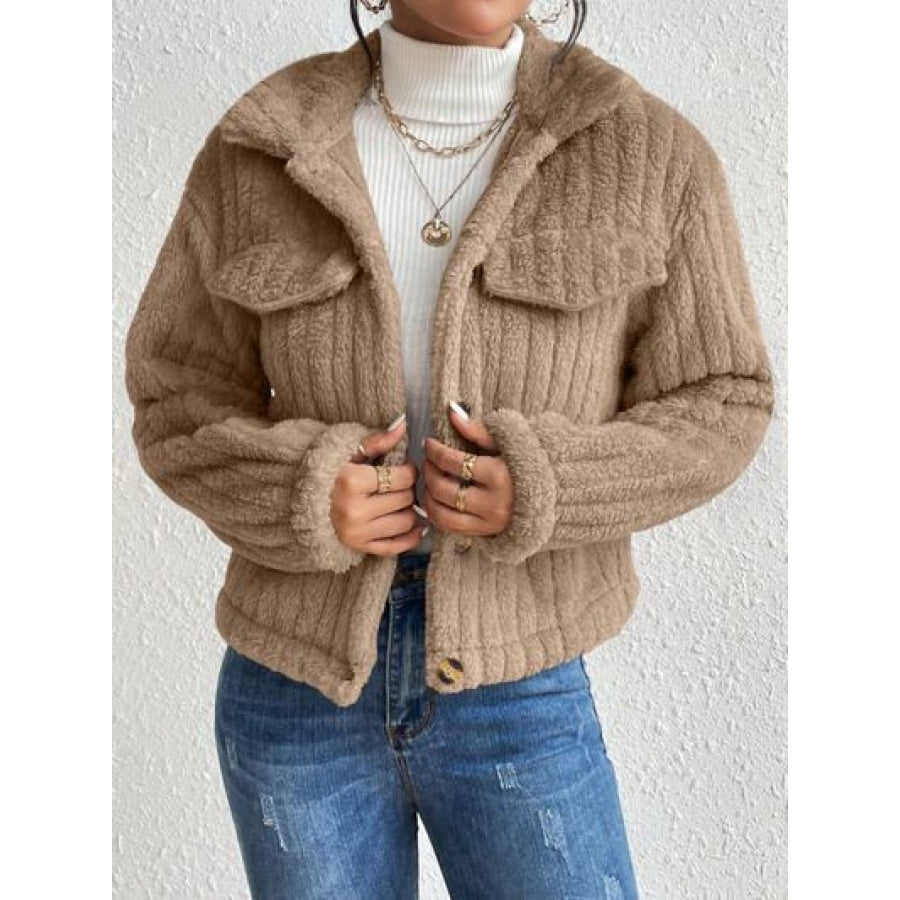 Fuzzy Button Up Collared Neck Jacket Camel / XS Clothing