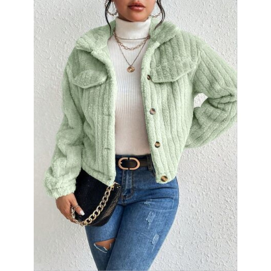 Fuzzy Button Up Collared Neck Jacket Clothing