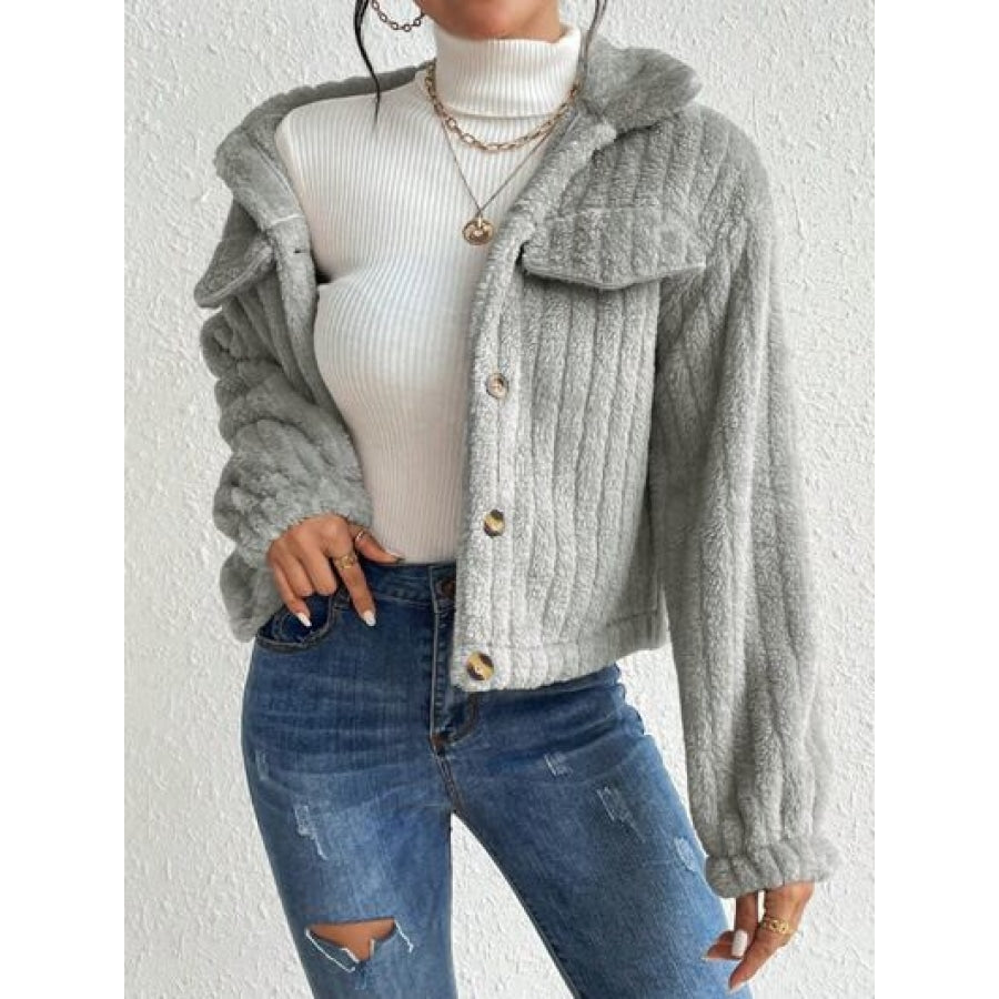 Fuzzy Button Up Collared Neck Jacket Clothing