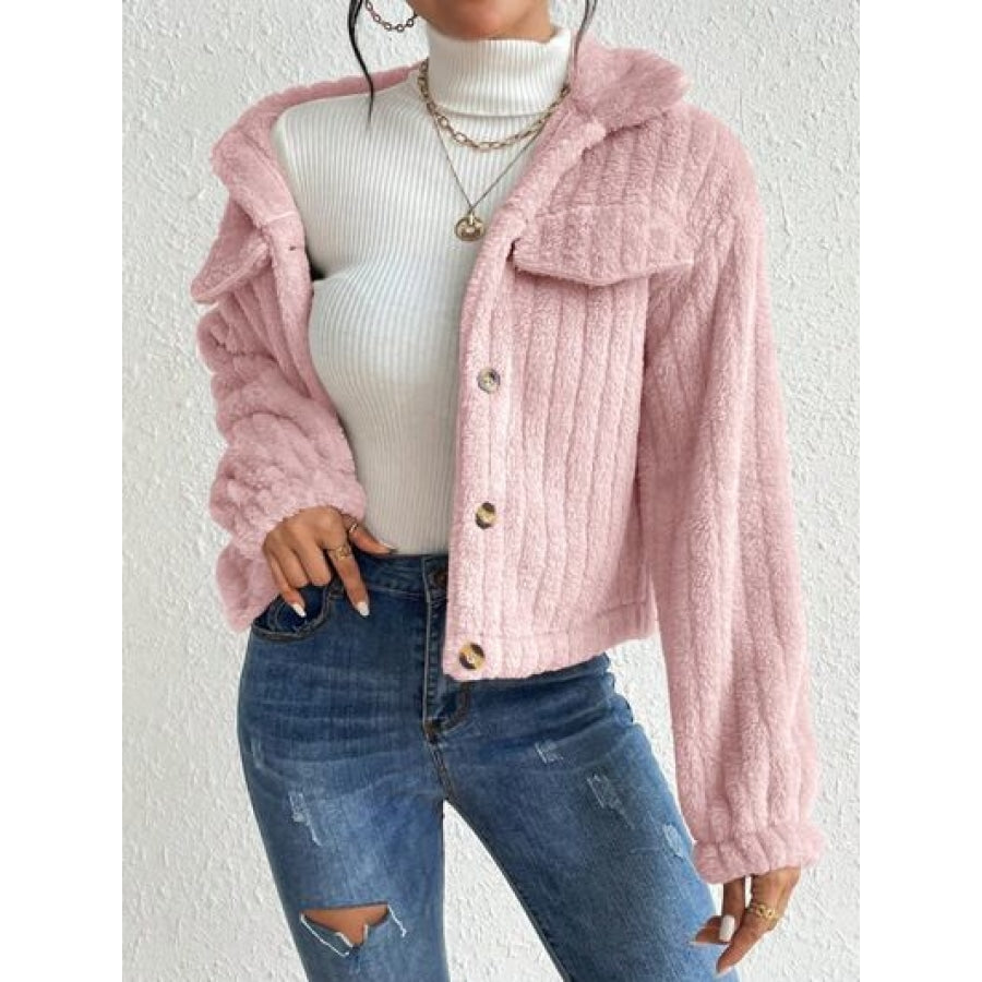 Fuzzy Button Up Collared Neck Jacket Clothing