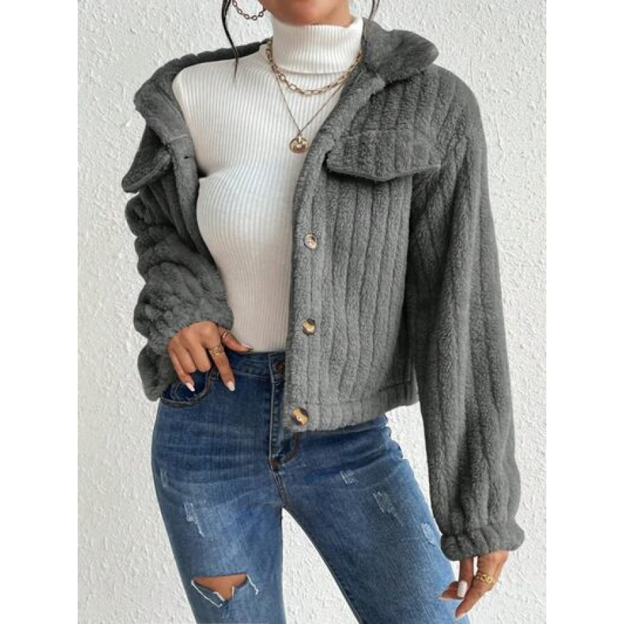 Fuzzy Button Up Collared Neck Jacket Clothing