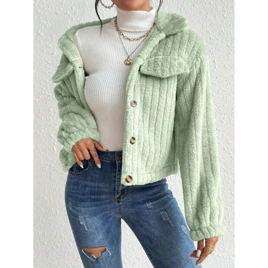 Fuzzy Button Up Collared Neck Jacket Clothing