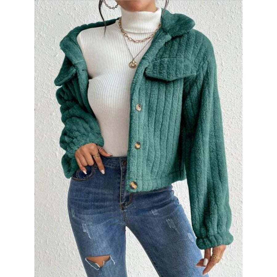 Fuzzy Button Up Collared Neck Jacket Clothing