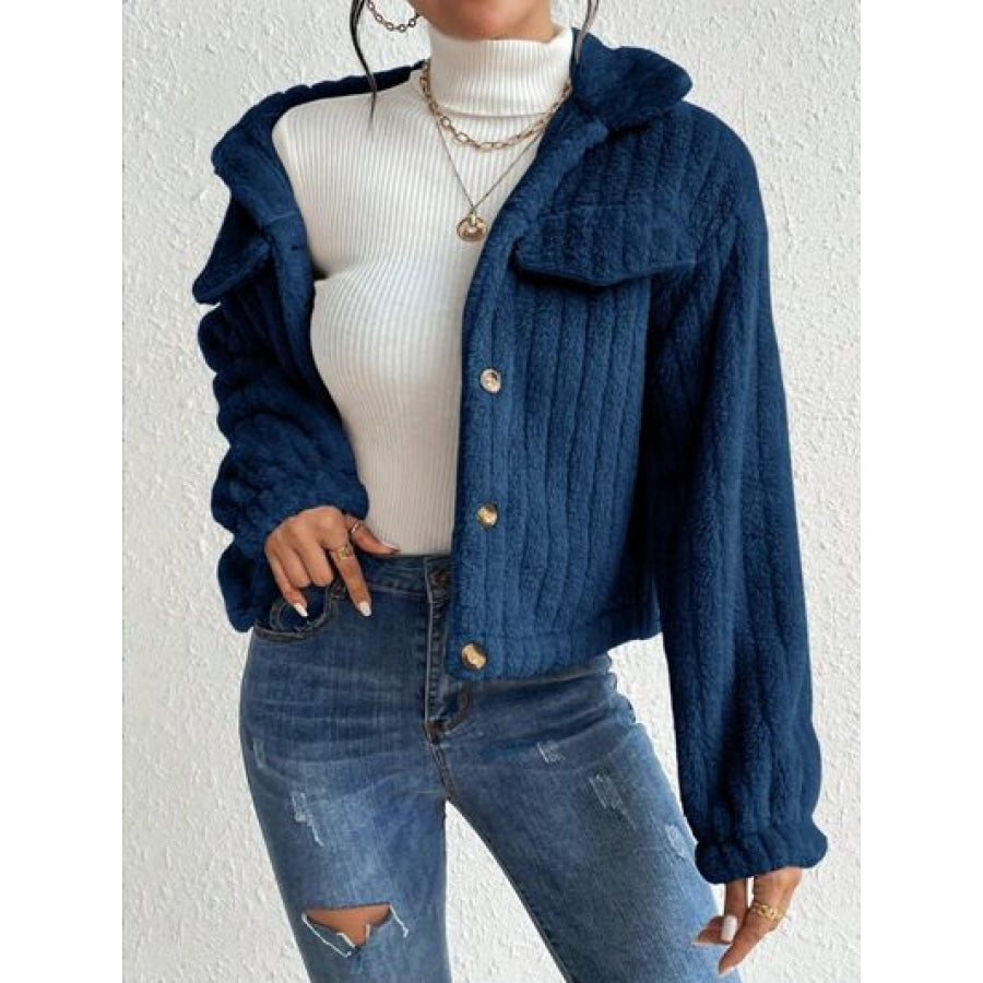 Fuzzy Button Up Collared Neck Jacket Clothing