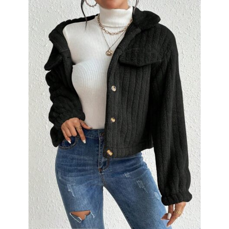 Fuzzy Button Up Collared Neck Jacket Clothing