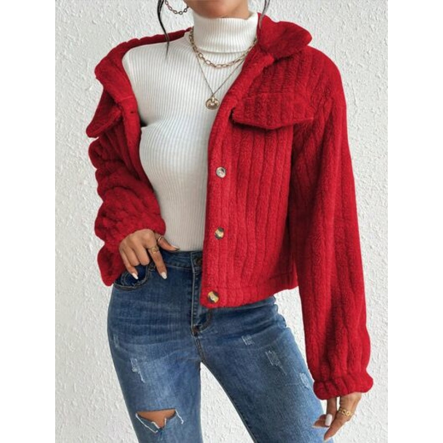 Fuzzy Button Up Collared Neck Jacket Clothing