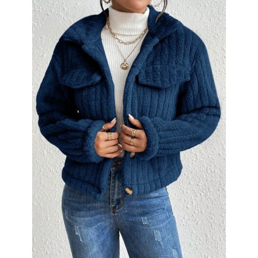 Fuzzy Button Up Collared Neck Jacket Cobald Blue / XS Clothing