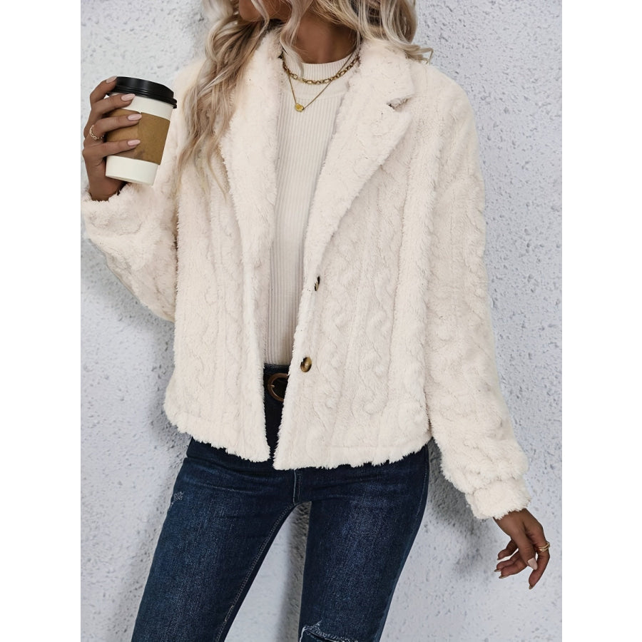 Fuzzy Button Up Collared Neck Jacket Cream / S Apparel and Accessories