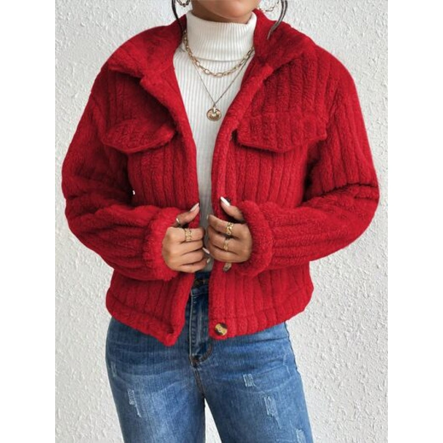 Fuzzy Button Up Collared Neck Jacket Deep Red / XS Clothing