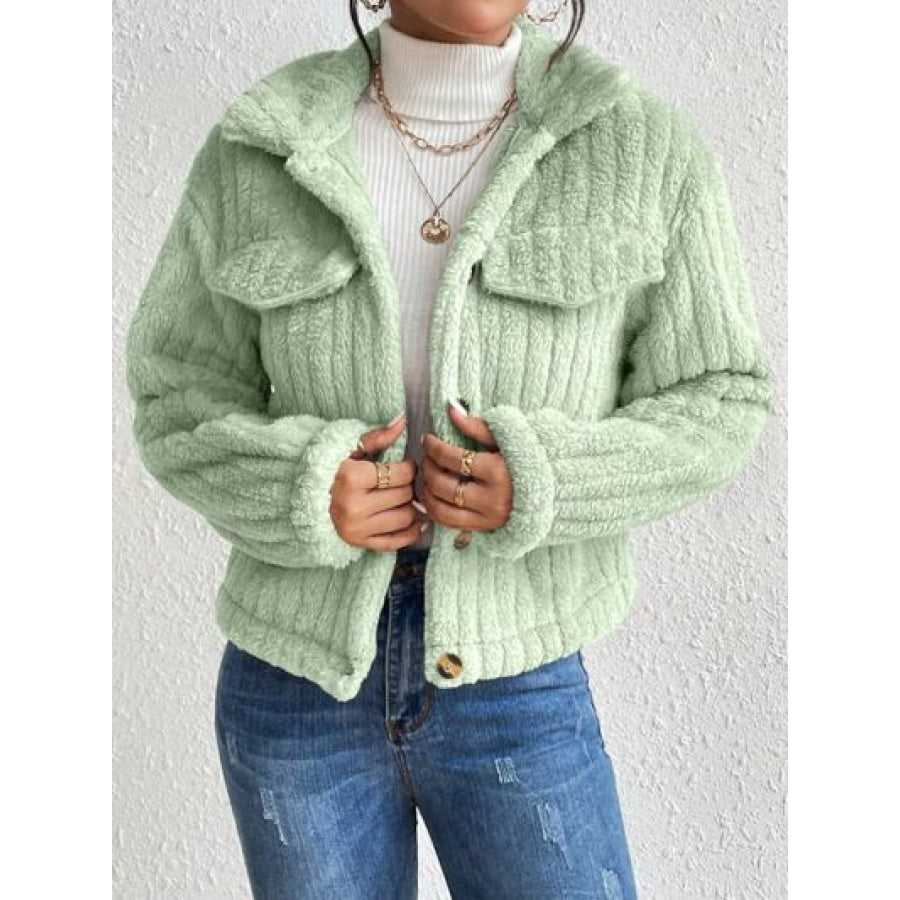 Fuzzy Button Up Collared Neck Jacket Gum Leaf / XS Clothing