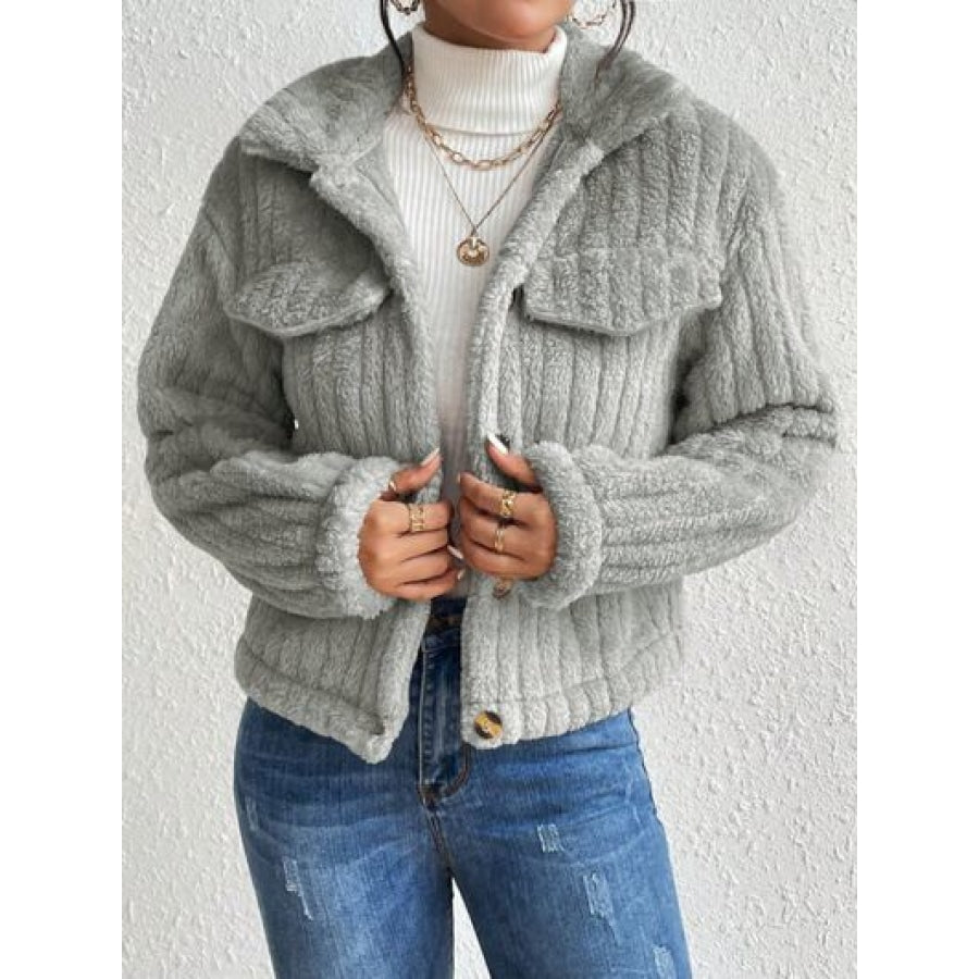 Fuzzy Button Up Collared Neck Jacket Heather Gray / XS Clothing