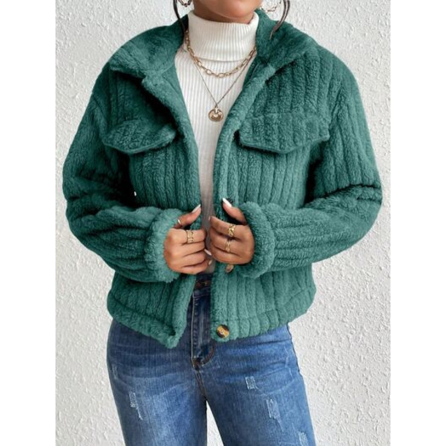 Fuzzy Button Up Collared Neck Jacket Teal / XS Clothing