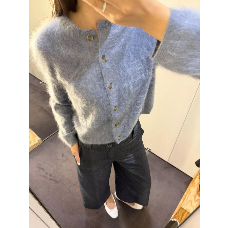 Fuzzy Button Up Cropped Cardigan Apparel and Accessories