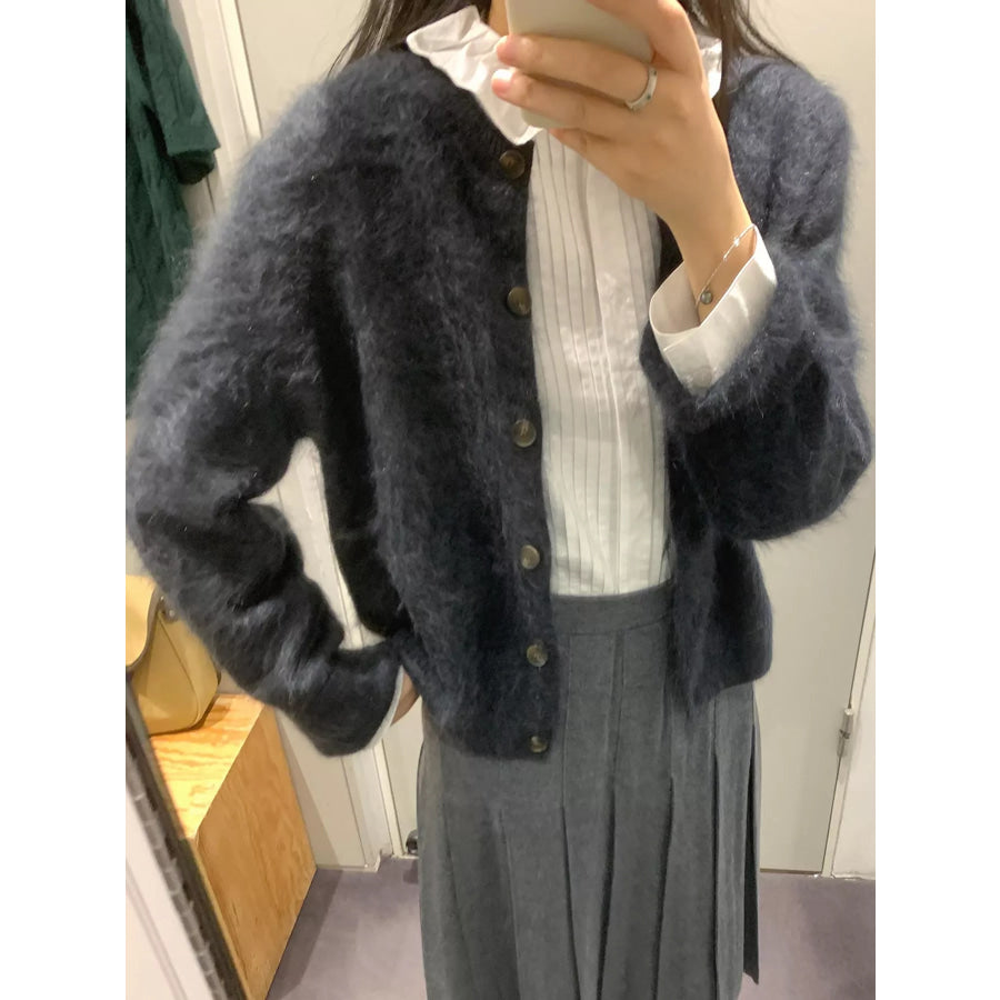 Fuzzy Button Up Cropped Cardigan Apparel and Accessories
