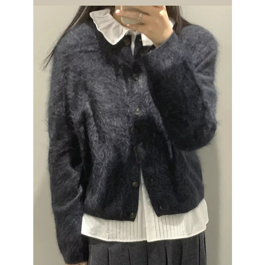 Fuzzy Button Up Cropped Cardigan Apparel and Accessories