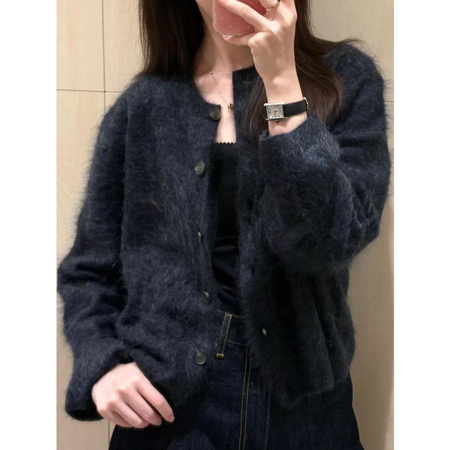 Fuzzy Button Up Cropped Cardigan Apparel and Accessories