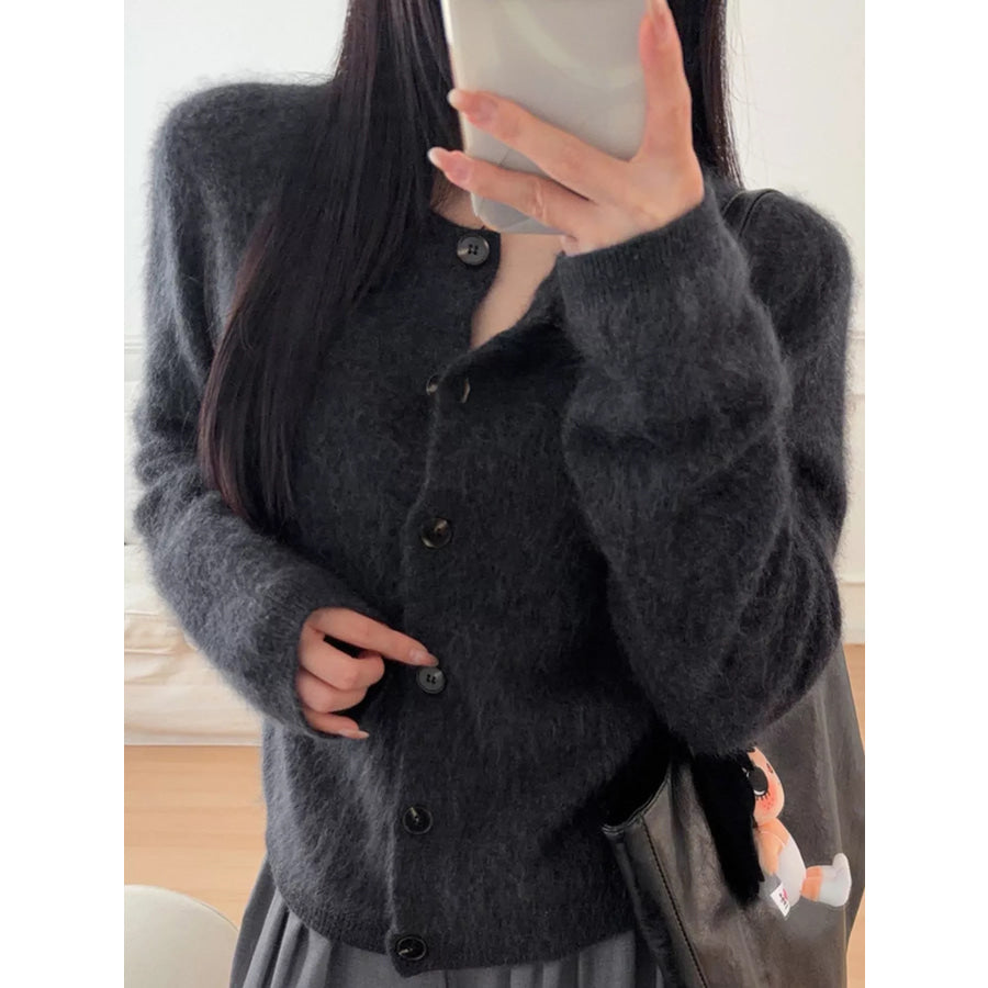 Fuzzy Button Up Cropped Cardigan Apparel and Accessories