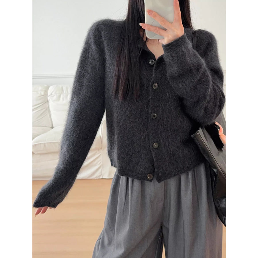 Fuzzy Button Up Cropped Cardigan Apparel and Accessories