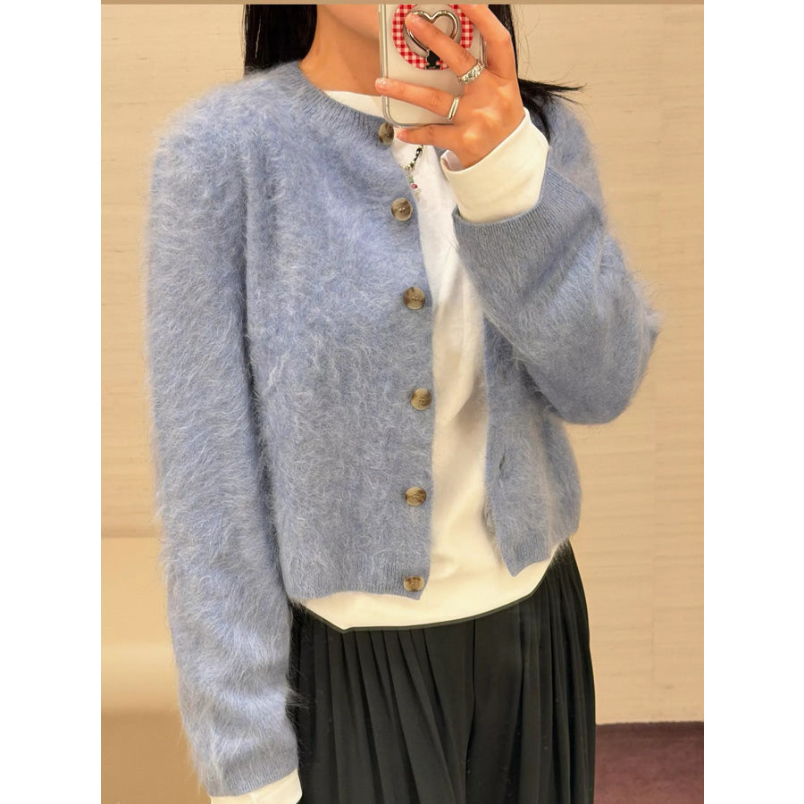Fuzzy Button Up Cropped Cardigan Apparel and Accessories