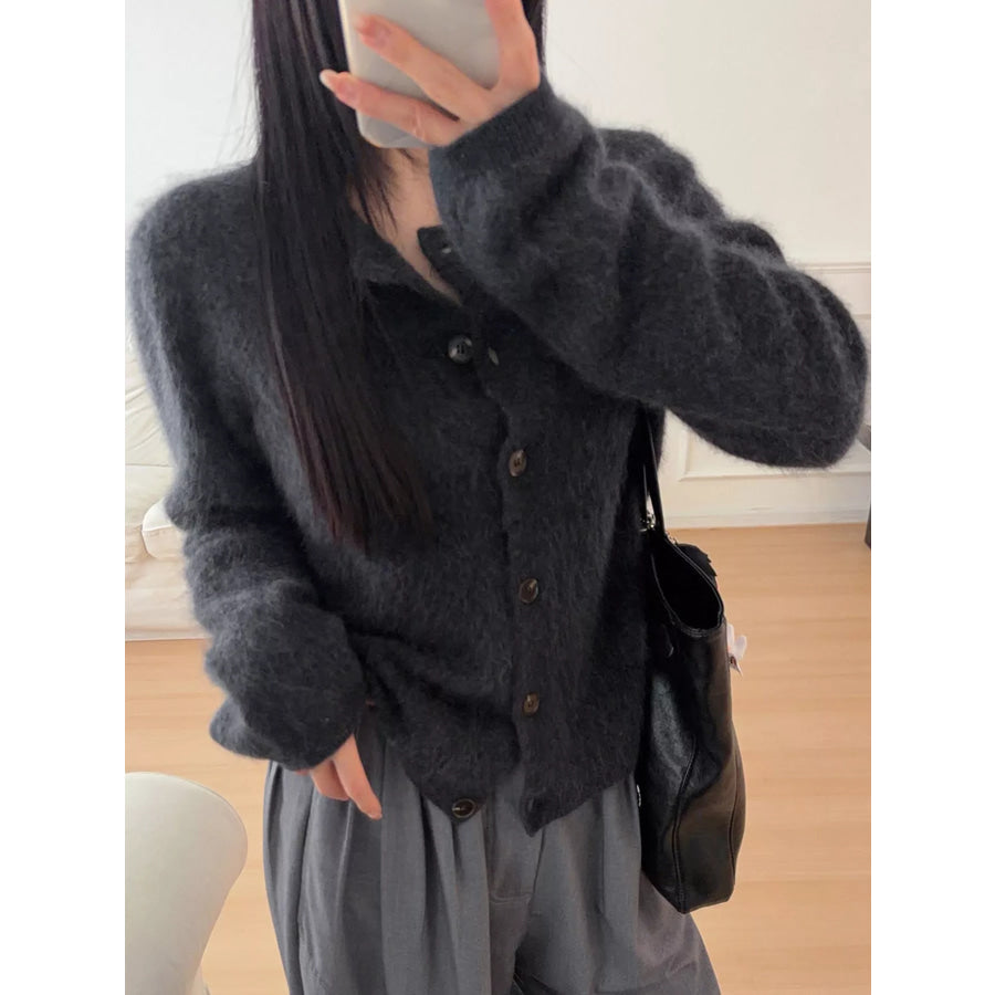 Fuzzy Button Up Cropped Cardigan Apparel and Accessories